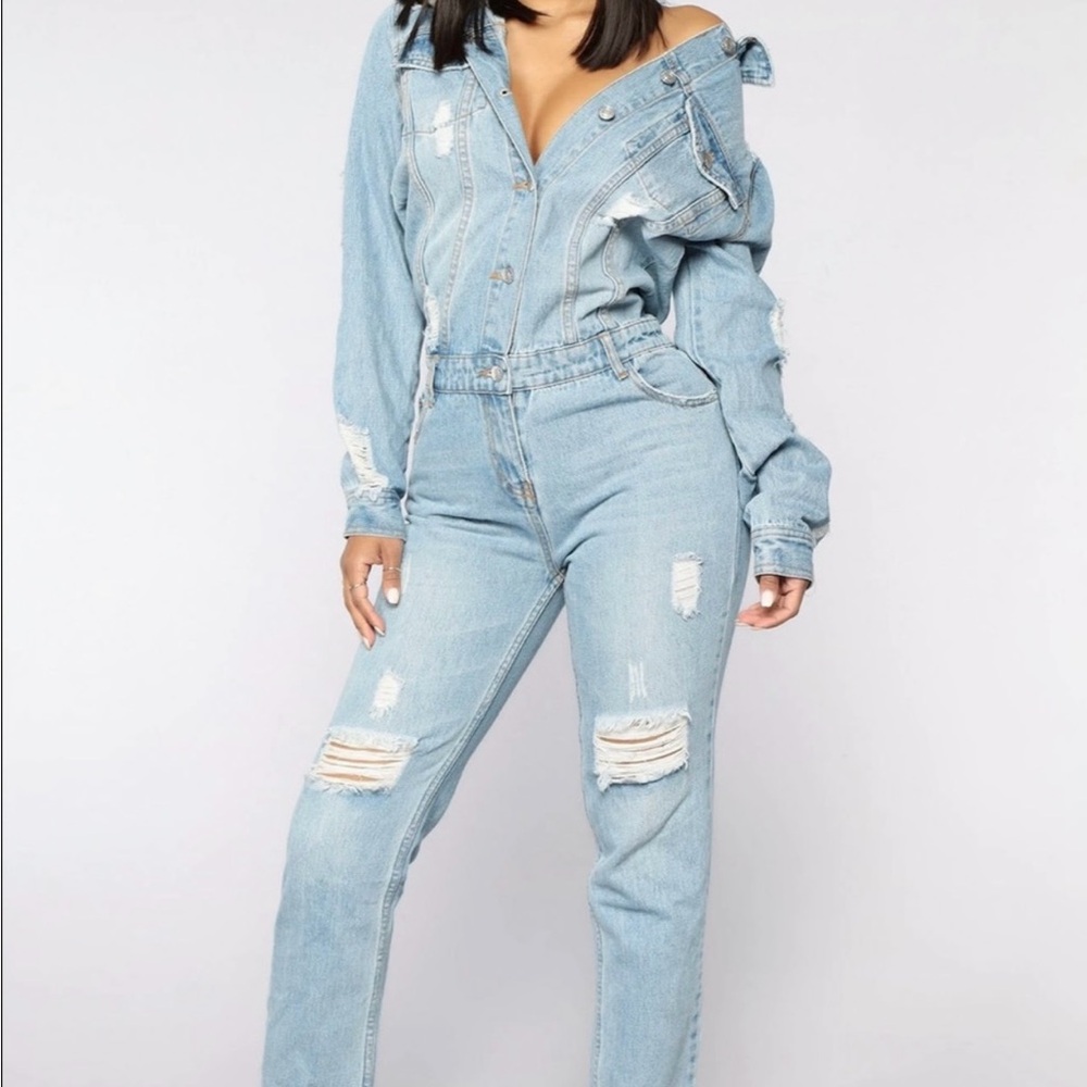 Fashion Nova High Jump Distressed Denim Jumpsuit